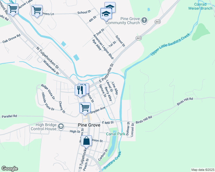 map of restaurants, bars, coffee shops, grocery stores, and more near 18 Laurel Street in Pine Grove