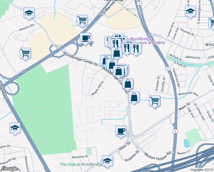 map of restaurants, bars, coffee shops, grocery stores, and more near 401 Maple Hill Drive in Woodbridge Township