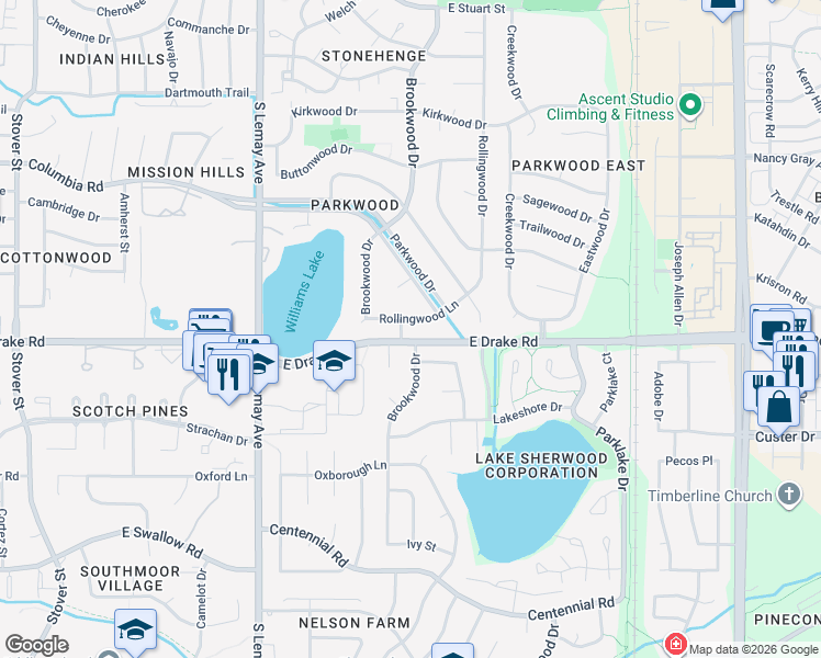 map of restaurants, bars, coffee shops, grocery stores, and more near 2600 Dorado Court in Fort Collins