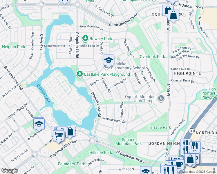 map of restaurants, bars, coffee shops, grocery stores, and more near 10936 Mussel Rock Lane in South Jordan