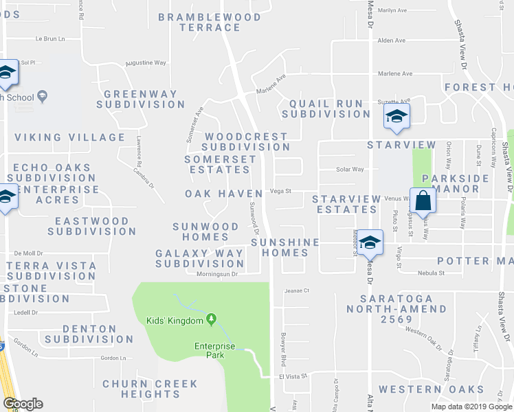 map of restaurants, bars, coffee shops, grocery stores, and more near 3791 Sunwood Drive in Redding