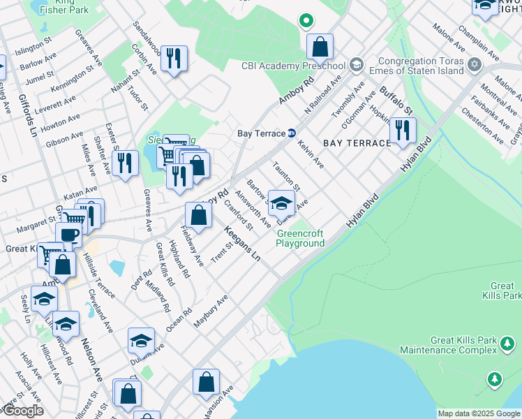 map of restaurants, bars, coffee shops, grocery stores, and more near 68 Ainsworth Avenue in Staten Island