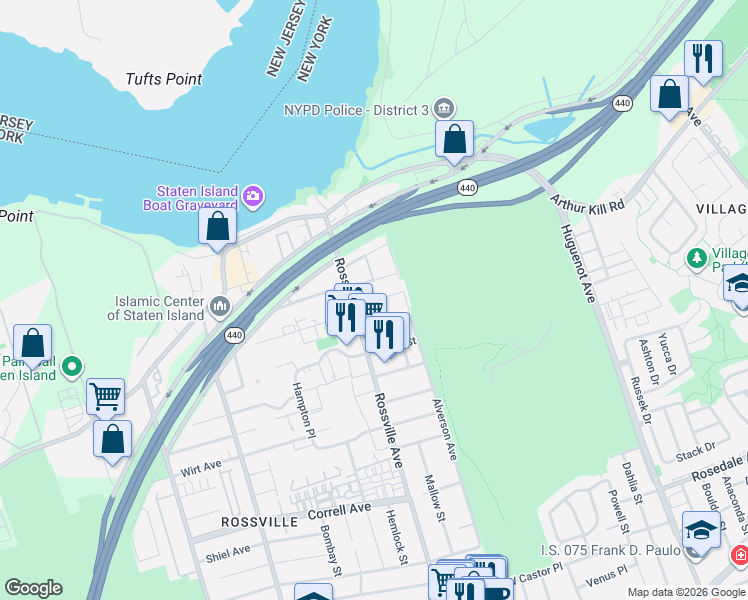 map of restaurants, bars, coffee shops, grocery stores, and more near 53 Pond Street in Staten Island