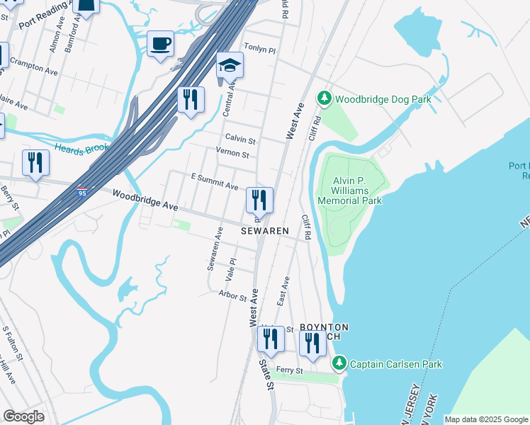 map of restaurants, bars, coffee shops, grocery stores, and more near 520 West Avenue in Woodbridge Township