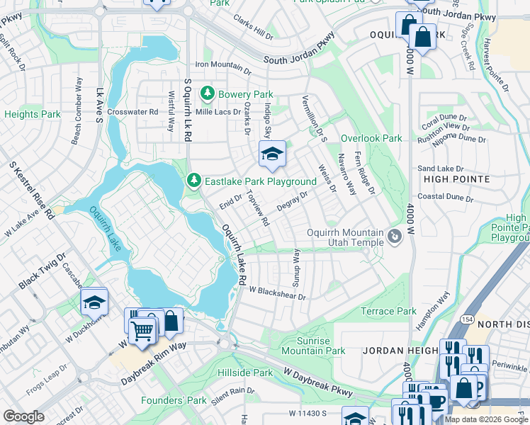 map of restaurants, bars, coffee shops, grocery stores, and more near 4366 Degray Drive in South Jordan