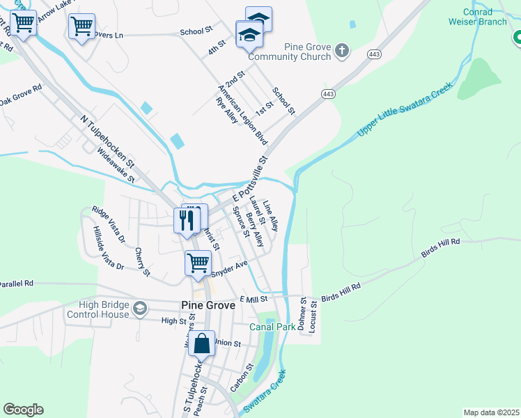 map of restaurants, bars, coffee shops, grocery stores, and more near 21 Laurel Street in Pine Grove