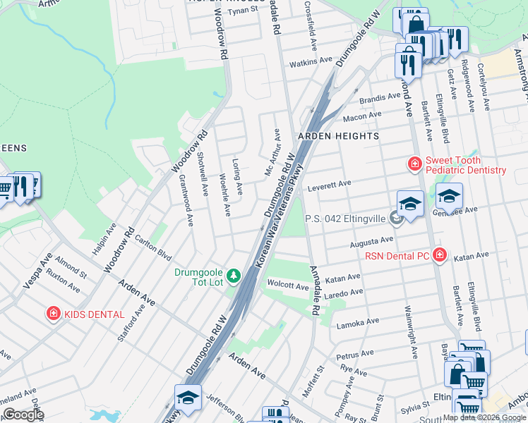 map of restaurants, bars, coffee shops, grocery stores, and more near 734 Drumgoole Road West in Staten Island