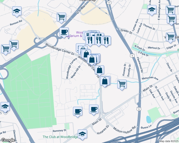 map of restaurants, bars, coffee shops, grocery stores, and more near 100 Woodbridge Center Drive in Woodbridge Township