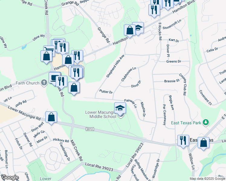 map of restaurants, bars, coffee shops, grocery stores, and more near 6118 Putter Drive in Allentown