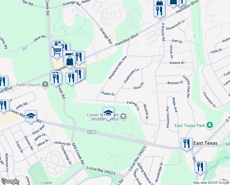 map of restaurants, bars, coffee shops, grocery stores, and more near 6118 Putter Drive in Allentown