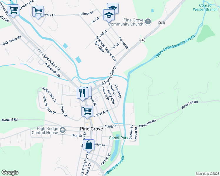 map of restaurants, bars, coffee shops, grocery stores, and more near 16 Laurel Street in Pine Grove