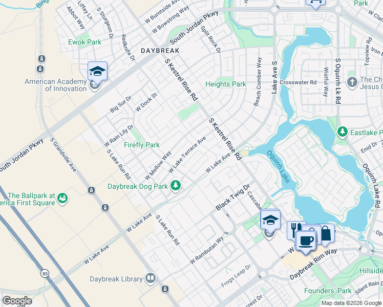 map of restaurants, bars, coffee shops, grocery stores, and more near 5107 West Lake Terrace Avenue in South Jordan