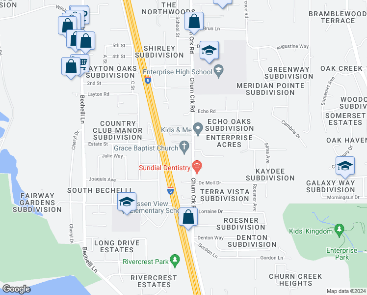 map of restaurants, bars, coffee shops, grocery stores, and more near 3782 Churn Creek Road in Redding