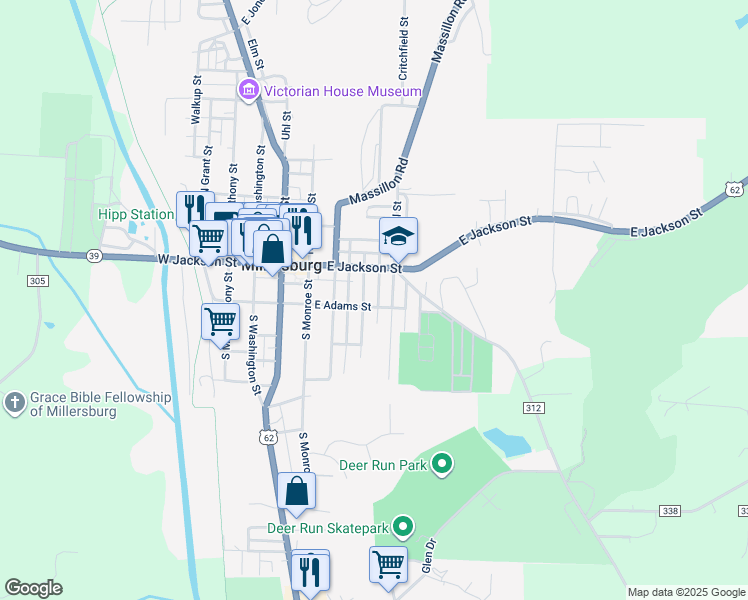 map of restaurants, bars, coffee shops, grocery stores, and more near 121 South Alexander Street in Millersburg