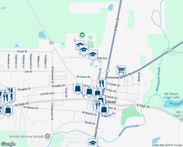 map of restaurants, bars, coffee shops, grocery stores, and more near 192 West Union Street in Mount Gilead