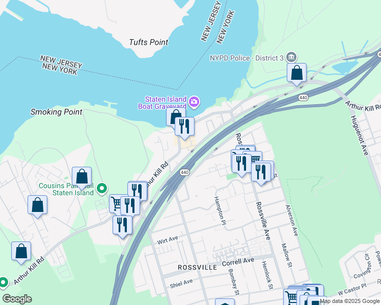 map of restaurants, bars, coffee shops, grocery stores, and more near 299 West Service Road in Staten Island