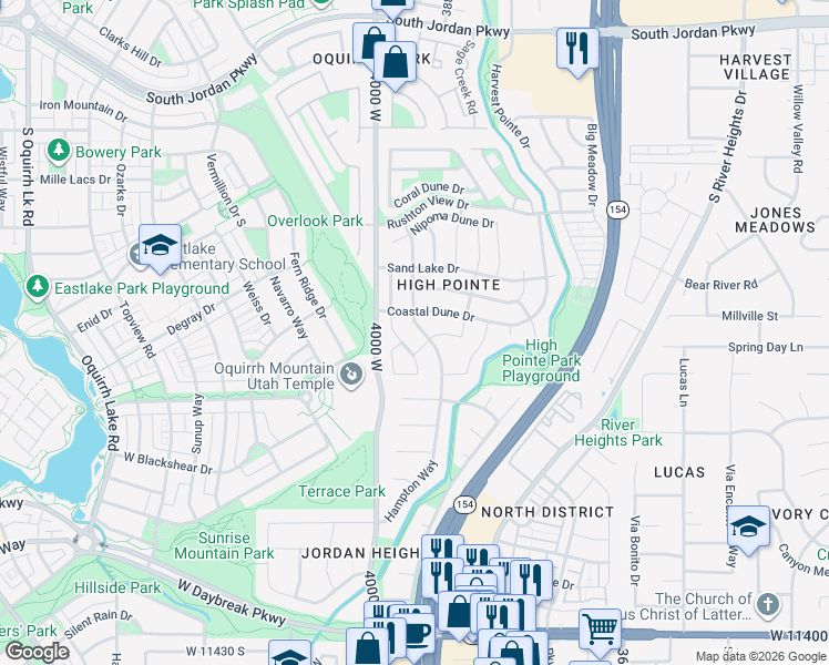 map of restaurants, bars, coffee shops, grocery stores, and more near 10989 Namibian Dune Drive in South Jordan