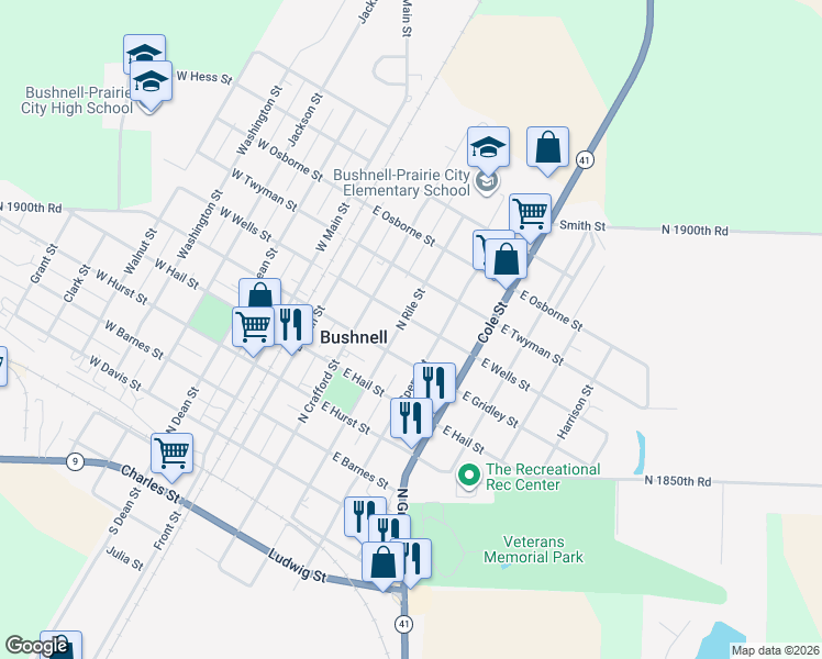 map of restaurants, bars, coffee shops, grocery stores, and more near 300-398 East Gridley Street in Bushnell