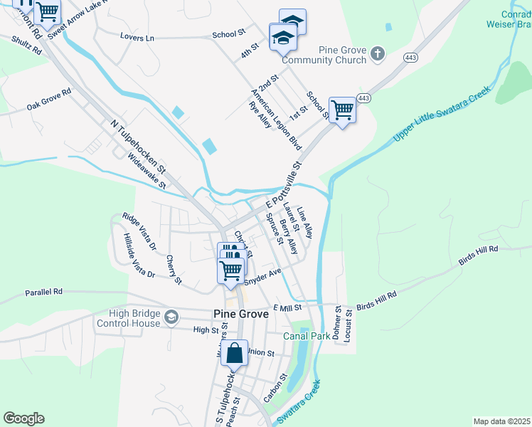 map of restaurants, bars, coffee shops, grocery stores, and more near 48 East Pottsville Street in Pine Grove