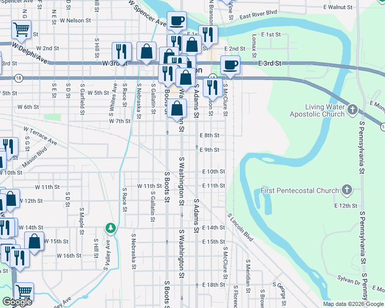 map of restaurants, bars, coffee shops, grocery stores, and more near 926 South Adams Street in Marion