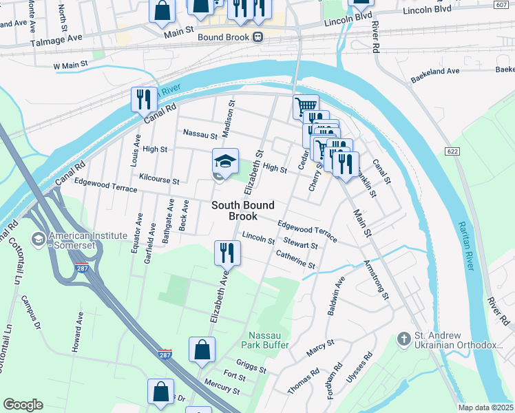 map of restaurants, bars, coffee shops, grocery stores, and more near in South Bound Brook