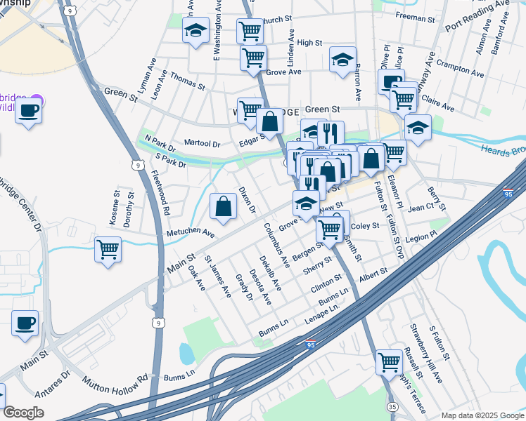 map of restaurants, bars, coffee shops, grocery stores, and more near 172 Main Street in Woodbridge Township