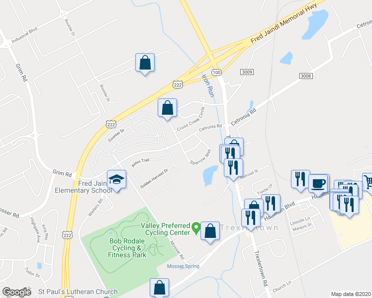 map of restaurants, bars, coffee shops, grocery stores, and more near 1145 Sparrow Way in Breinigsville