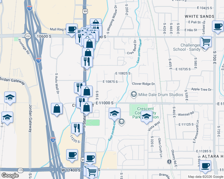 map of restaurants, bars, coffee shops, grocery stores, and more near South Cascade Place in Sandy