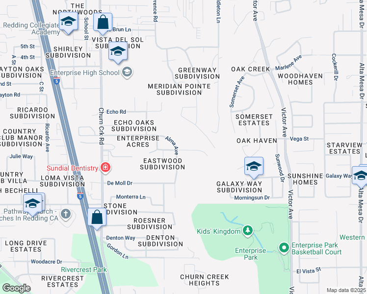 map of restaurants, bars, coffee shops, grocery stores, and more near 1450 Harpole Road in Redding