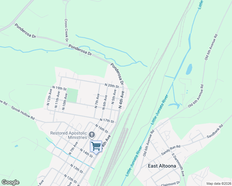 map of restaurants, bars, coffee shops, grocery stores, and more near 411 North 19th Street in Altoona