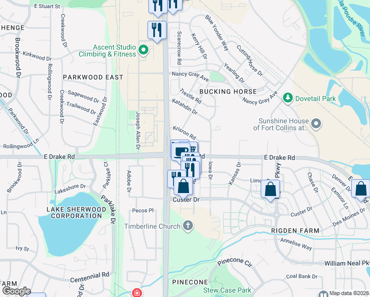 map of restaurants, bars, coffee shops, grocery stores, and more near 2133 Krisron Road in Fort Collins