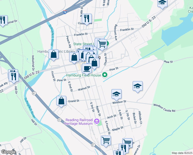 map of restaurants, bars, coffee shops, grocery stores, and more near 131 South Fourth Street in Shoemakersville