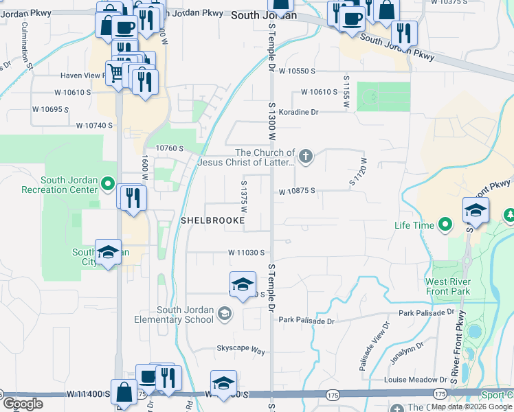 map of restaurants, bars, coffee shops, grocery stores, and more near 10954 South Ptarmigan Cove in South Jordan