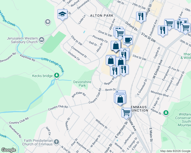 map of restaurants, bars, coffee shops, grocery stores, and more near 1930 Bevin Drive in Allentown