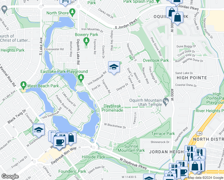 map of restaurants, bars, coffee shops, grocery stores, and more near 4354 Degray Drive in South Jordan