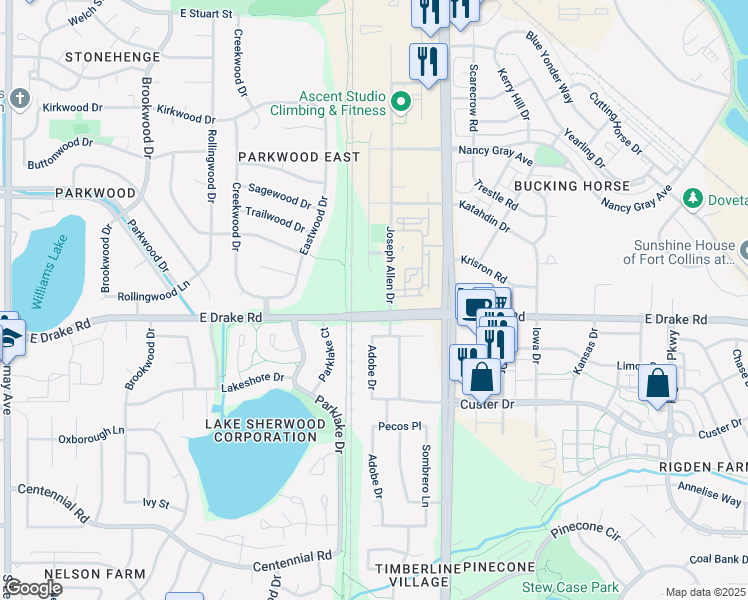 map of restaurants, bars, coffee shops, grocery stores, and more near 2601 Adobe Drive in Fort Collins