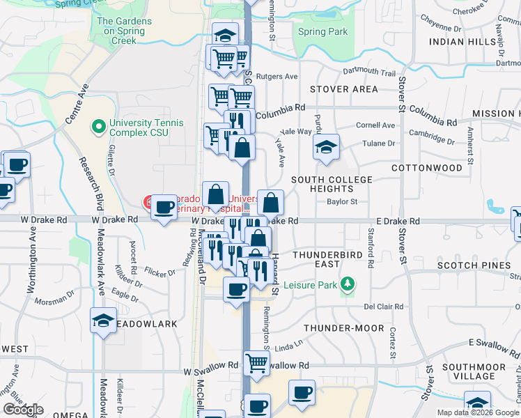 map of restaurants, bars, coffee shops, grocery stores, and more near 2600 South College Avenue in Fort Collins