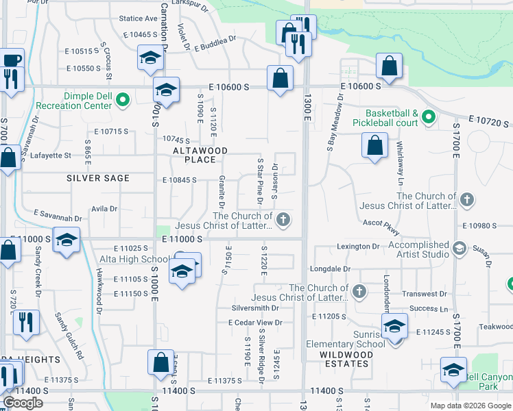 map of restaurants, bars, coffee shops, grocery stores, and more near 10950 Starpine Drive in Sandy