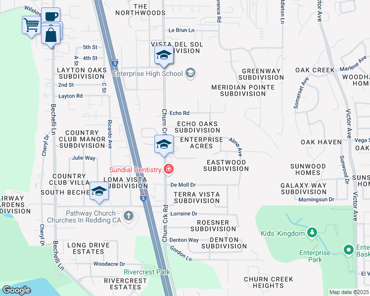 map of restaurants, bars, coffee shops, grocery stores, and more near 1040 Michael Lane in Redding