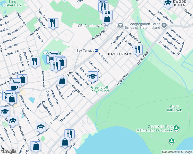 map of restaurants, bars, coffee shops, grocery stores, and more near 92 Bartow Street in Staten Island