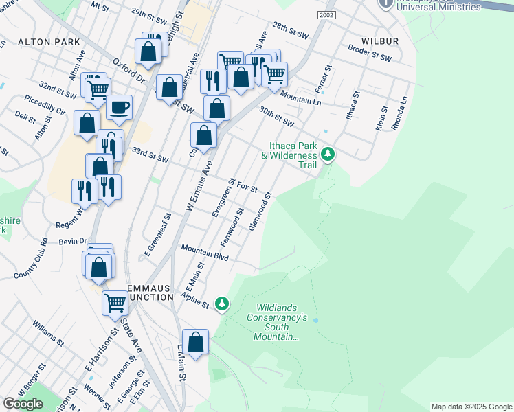 map of restaurants, bars, coffee shops, grocery stores, and more near 809 Glenwood Street in Emmaus