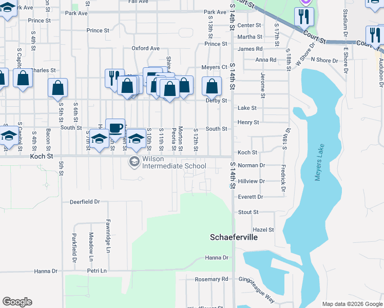map of restaurants, bars, coffee shops, grocery stores, and more near 1208 Koch Street in Pekin