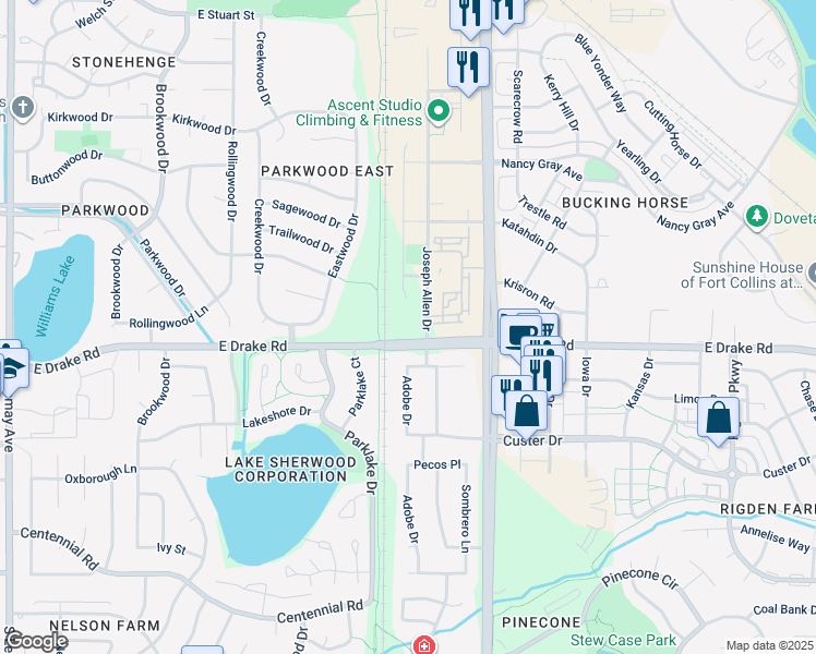 map of restaurants, bars, coffee shops, grocery stores, and more near 2555 Joseph Allen Drive in Fort Collins