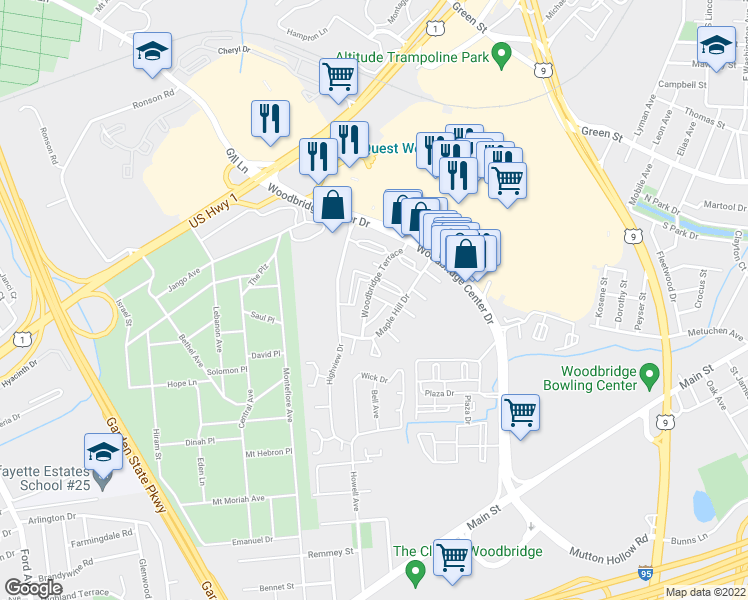 map of restaurants, bars, coffee shops, grocery stores, and more near 132 Woodbridge Terrace in Woodbridge Township