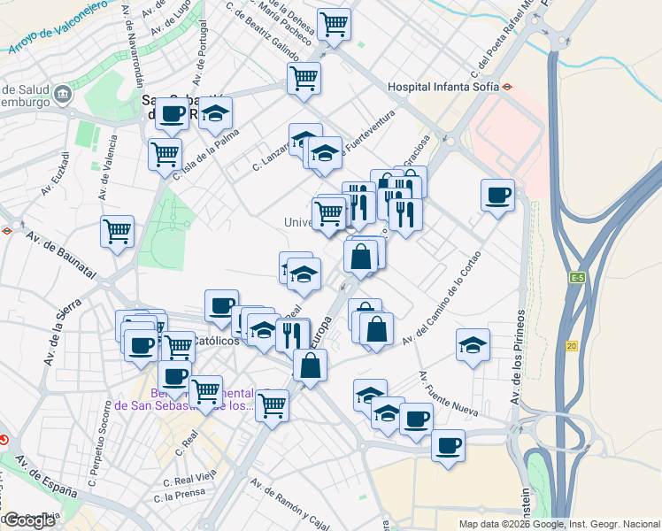 map of restaurants, bars, coffee shops, grocery stores, and more near 1 Avenida Isla Graciosa in San Sebastián de los Reyes