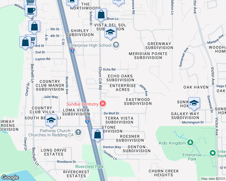 map of restaurants, bars, coffee shops, grocery stores, and more near 1040 Michael Lane in Redding