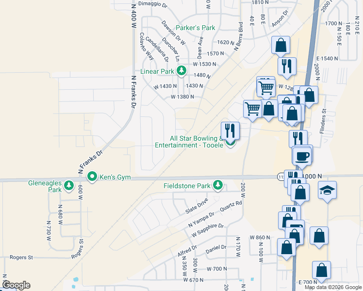 map of restaurants, bars, coffee shops, grocery stores, and more near 1154 North Berra Boulevard in Tooele