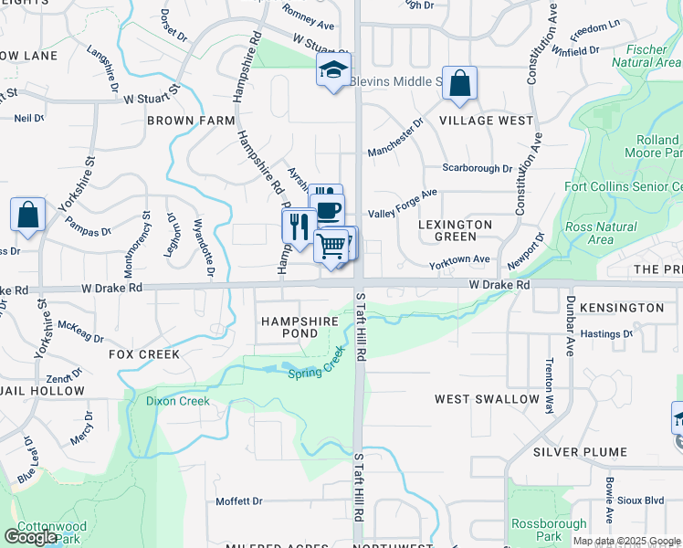 map of restaurants, bars, coffee shops, grocery stores, and more near 2607 South Taft Hill Road in Fort Collins