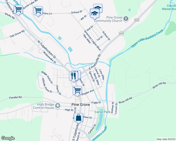 map of restaurants, bars, coffee shops, grocery stores, and more near 48 East Pottsville Street in Pine Grove
