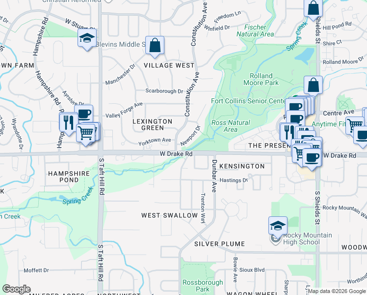 map of restaurants, bars, coffee shops, grocery stores, and more near 2607 Hanover Drive in Fort Collins